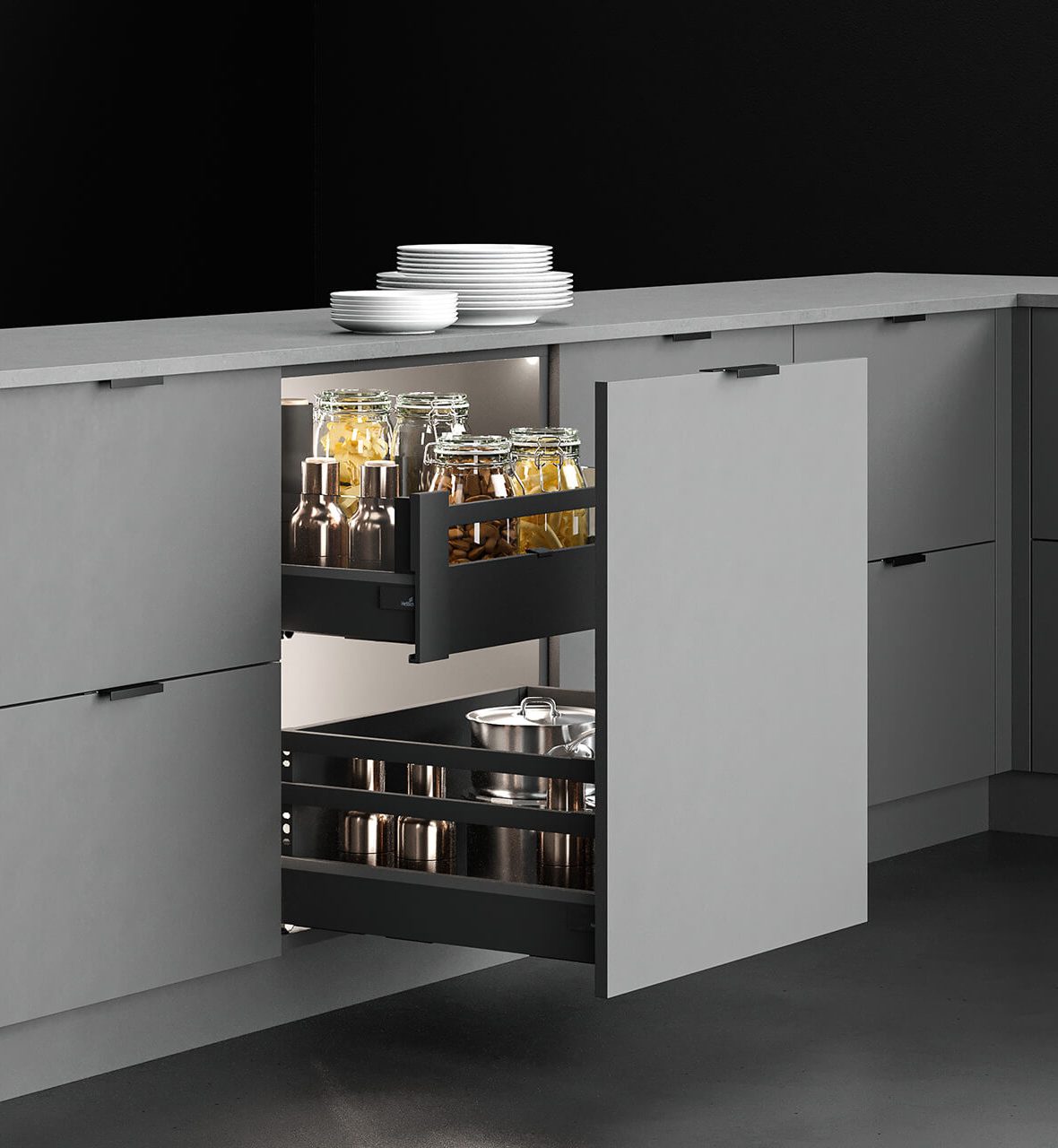 INTERNAL POT AND PAN DRAWER WITH DESIGNSIDE GLASS