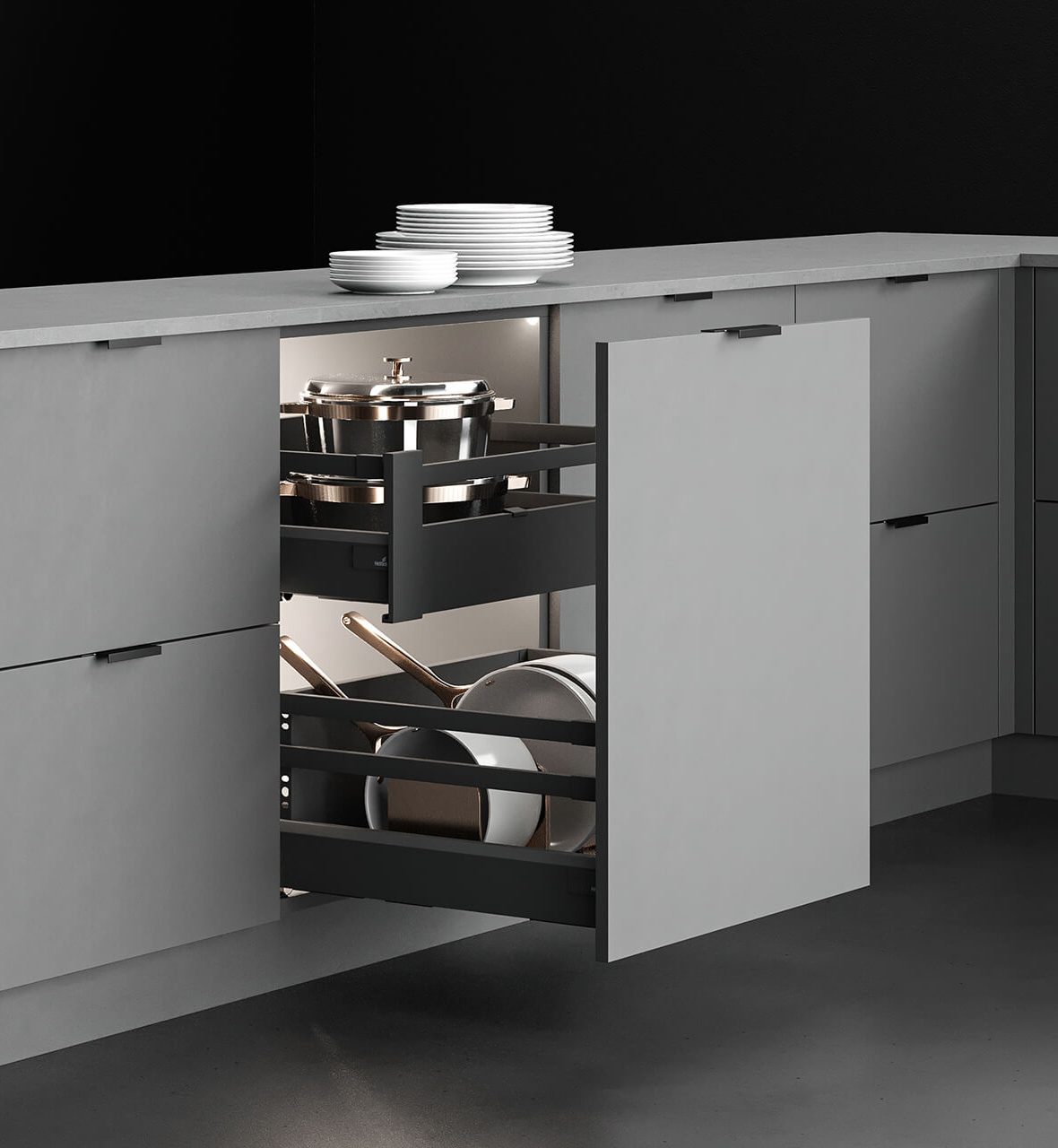 INTERNAL POT AND PAN DRAWER WITH RAILING